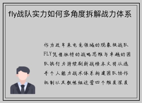 fly战队实力如何多角度拆解战力体系