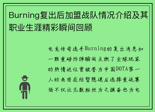 Burning复出后加盟战队情况介绍及其职业生涯精彩瞬间回顾