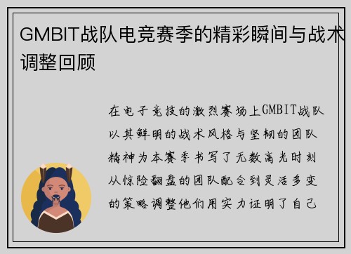 GMBIT战队电竞赛季的精彩瞬间与战术调整回顾