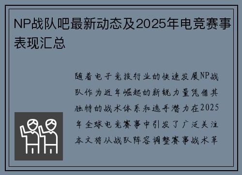 NP战队吧最新动态及2025年电竞赛事表现汇总