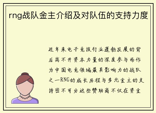 rng战队金主介绍及对队伍的支持力度